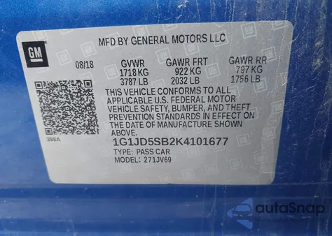 2019 Chevrolet Sonic Lt Auto from USA, damaged, VIN 1G1JD5SB2K4101677